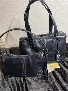 Michael Kors Astor Black Studded Leather Shoulder Tote and Mini Satchel